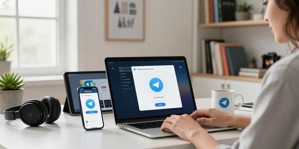 Download Telegram on a modern laptop at a home office workspace, highlighting user-friendly tech.