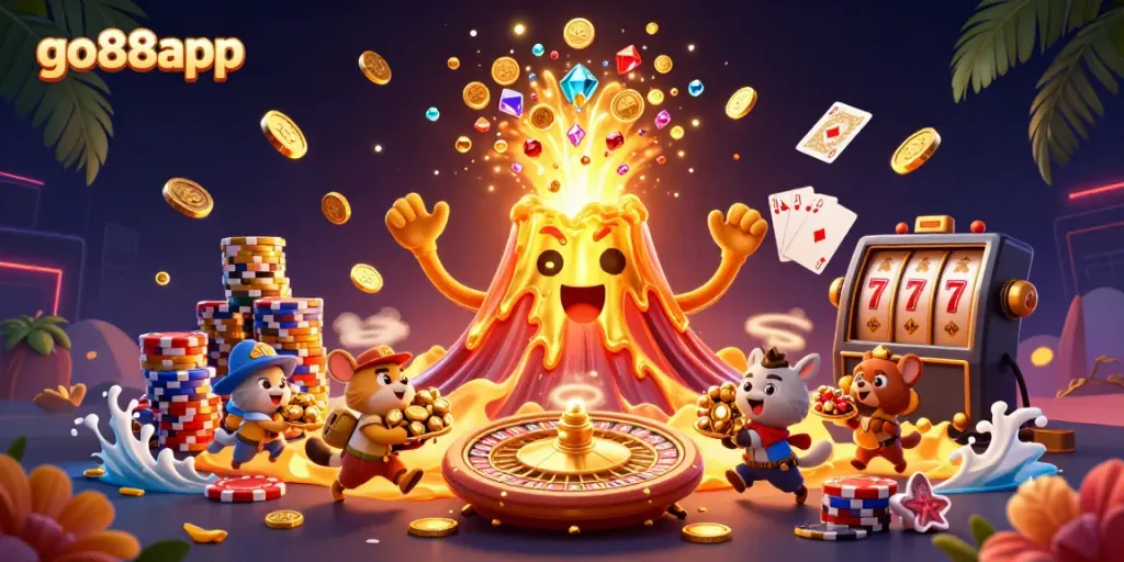 Experience the excitement of go88app with golden volcanoes and vibrant casino elements in this rich illustration.