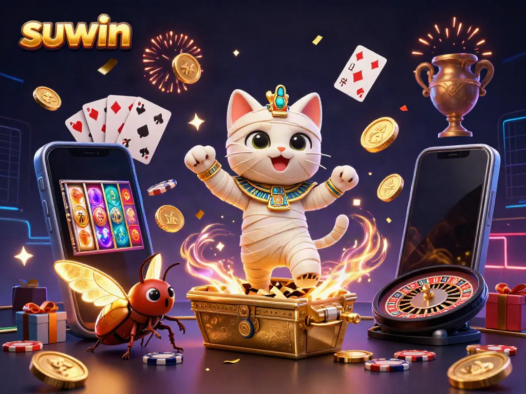 Experience suwin's thrilling casino atmosphere with a mummy cat and glowing scarab in a vibrant 3D scene.