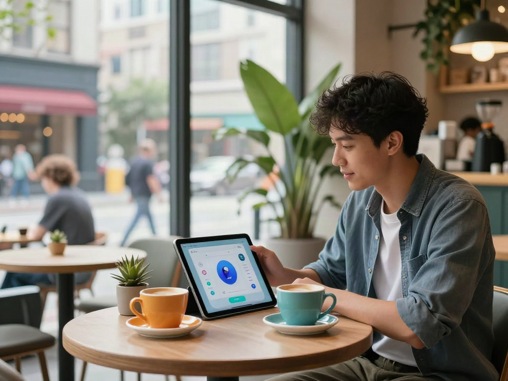Engaging conversation with juicy ai on a tablet in a vibrant café setting.