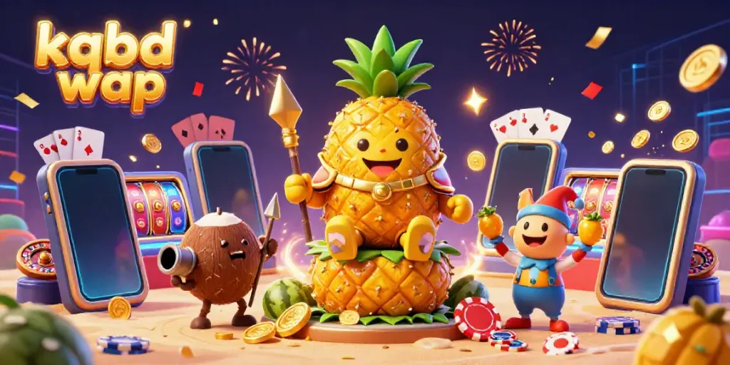 Engage with kqbd wap as the golden pineapple king presides over a vibrant beach casino, surrounded by gaming elements.