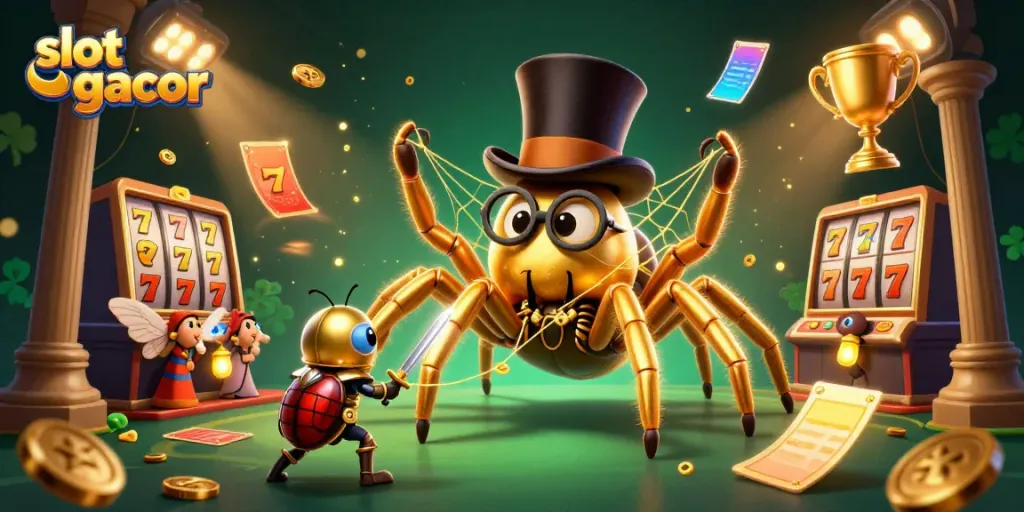 Spin the reels with slot gacor symbols in a packed casino scene featuring a golden tarantula.