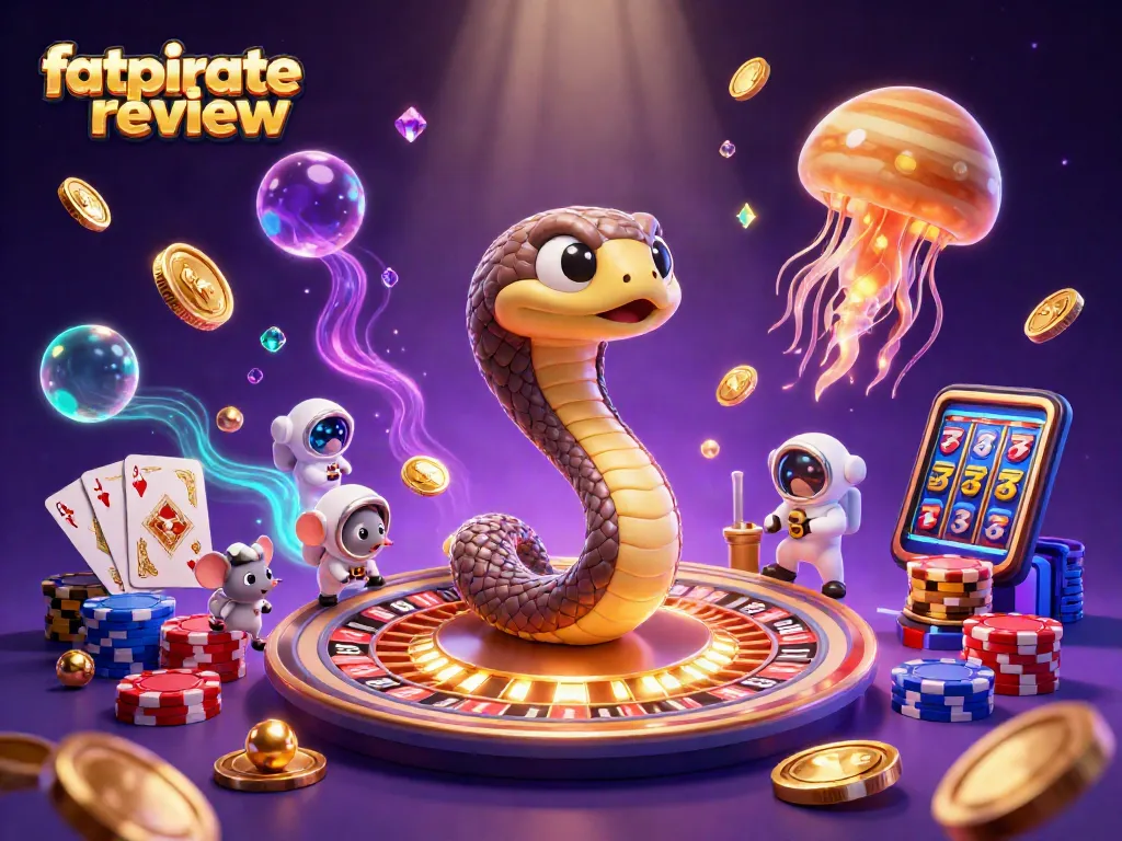 Experience the excitement of FatPirate review with the captivating 3D casino illustration featuring a cosmic roulette scene.