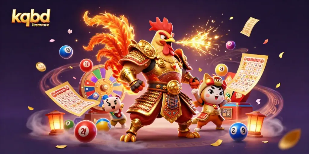 Engage with kqbd livescore's dynamic illustration featuring a rooster warrior and dragon hatchling amid lottery excitement.