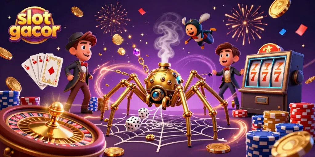 Engage with slot gacor action in a vibrant steampunk casino scene filled with gold and excitement.