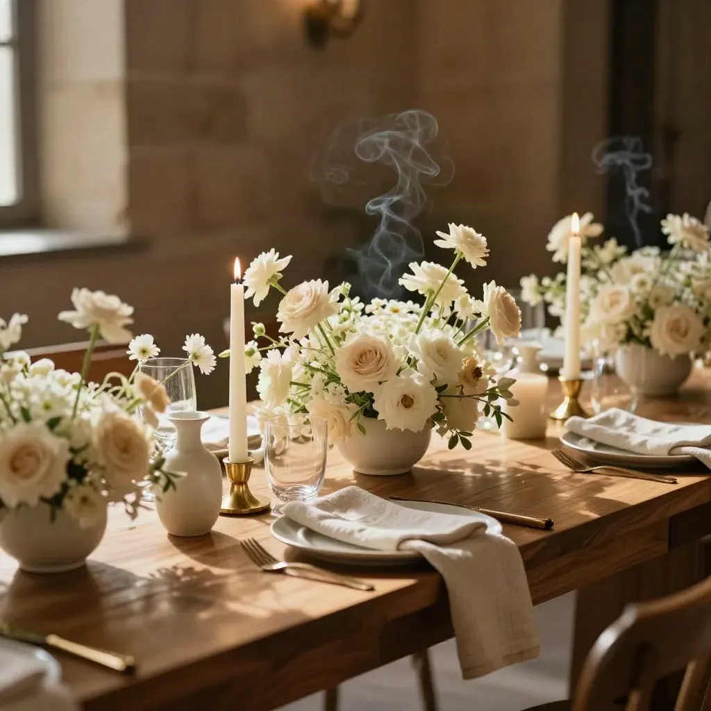 Stijlvolle receptietafel met bloemen, linnen servetten en kaarsen in warm amberlicht.
