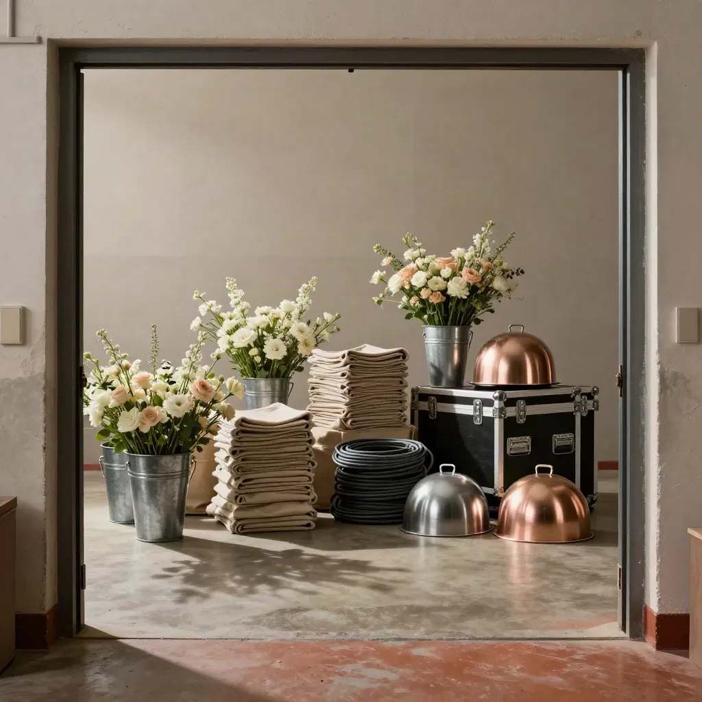 Floral buckets, linnenstapels en transportkoffers bij een industriële eventingang.
