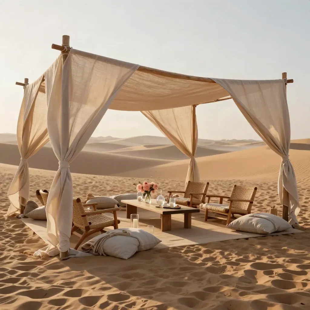 Dune-lounge voor een bruiloft met linnen drape, rieten stoelen, bloemen en kaarsen in goud licht.