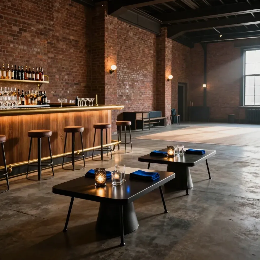 Lege feestzaal met bar, cocktailtafels, uplights en een lege dansvloer in een industriële hal.