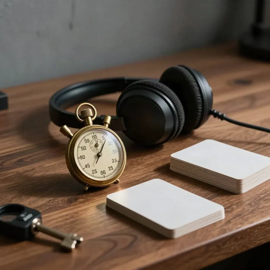 Brass stopwatch, headset, cue cards en cliplicht op een houten werkbank.