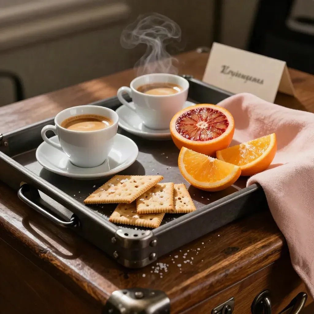 Espressocupjes, citrus, crackers en een kabel op een backstage tray in zacht daglicht.