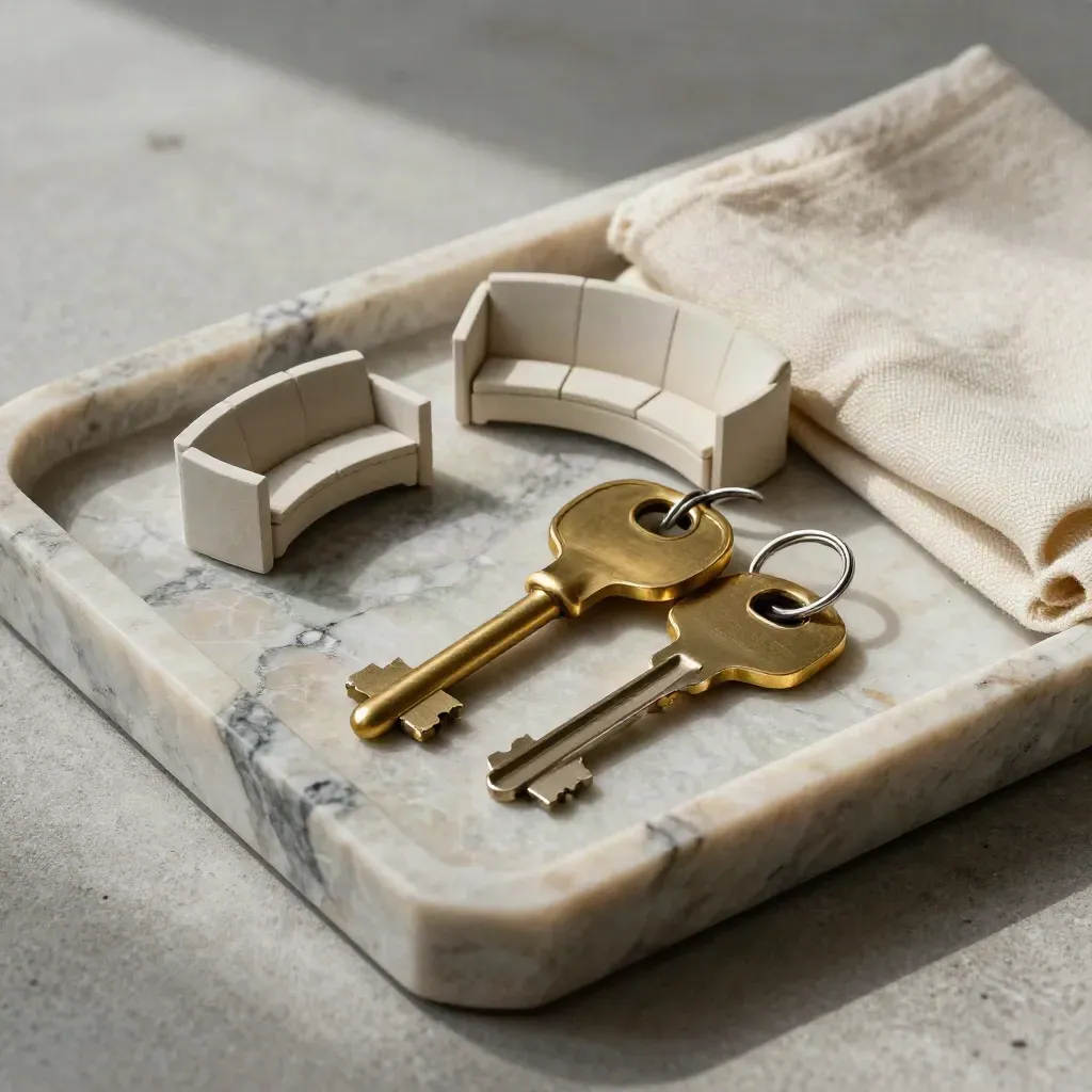 Luxe still life met brass key, steenstaal, zitmodel en linnen doek op een kalkstenen tray.