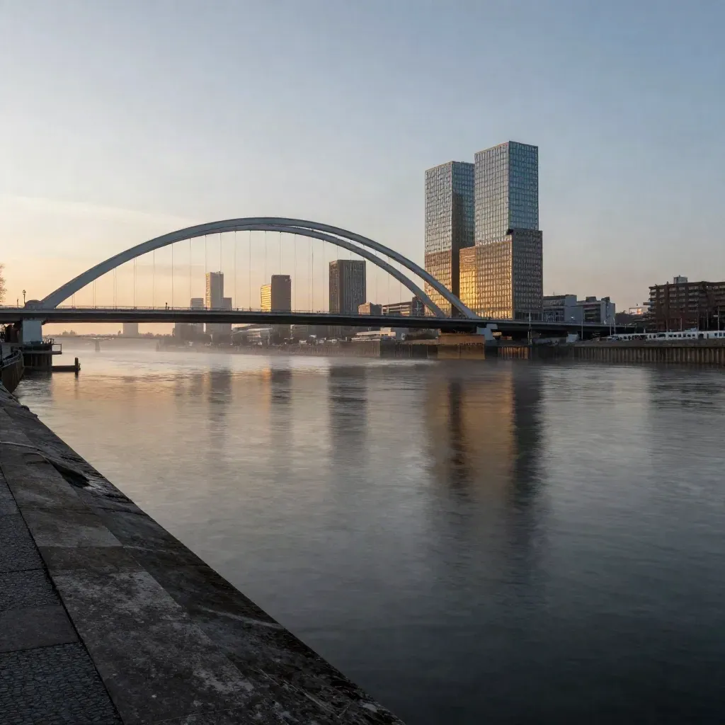 Rotterdamse Maas met Erasmusbrug en glazen torens in warme avondnevel