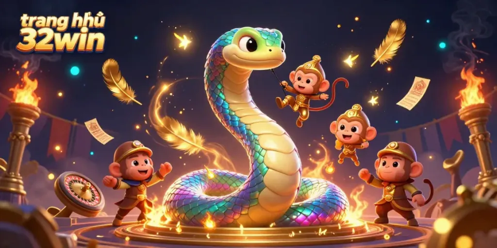 Experience the vibrant action at trang chủ 32win with game elements swirling around a rainbow serpent and monkey king