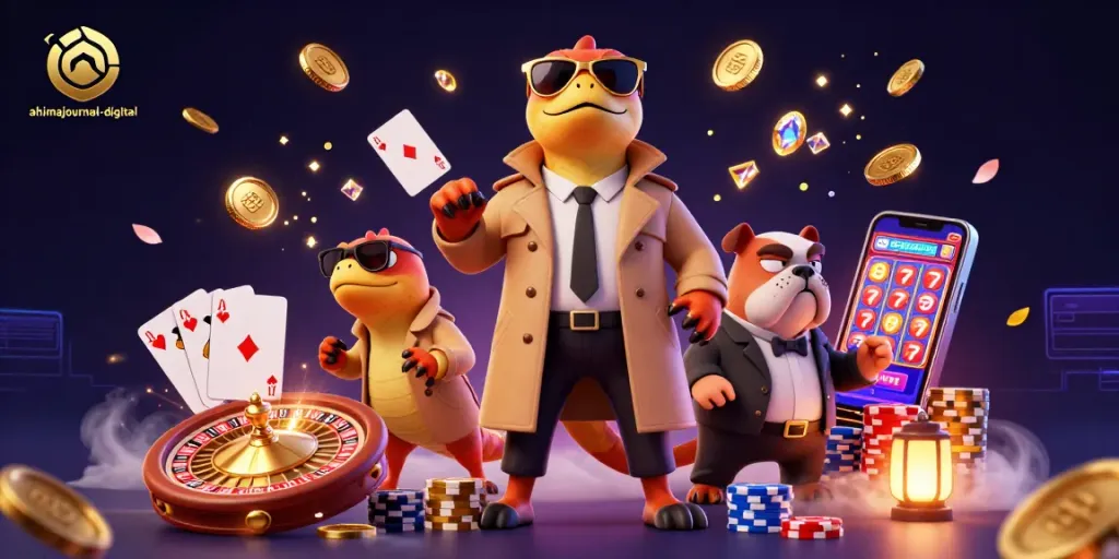 ahimajournal-digital reviews vibrant raptors in a trench coat navigating a busy casino scene