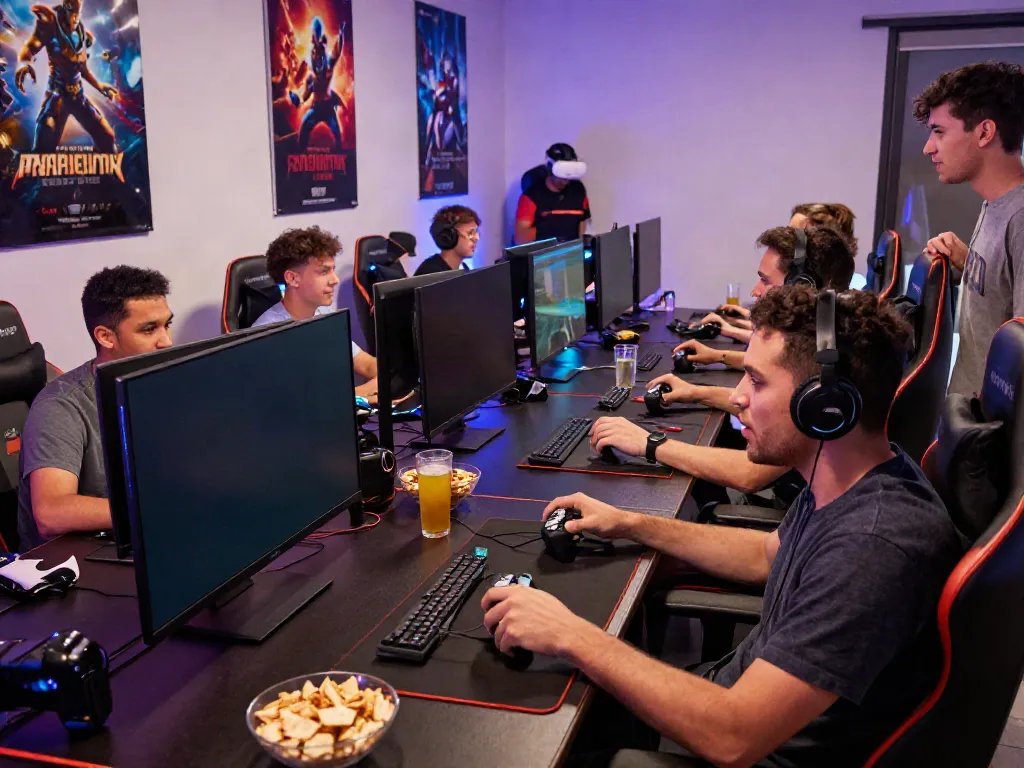 Engaging gaming atmosphere showcasing players around a screen at https://manclub1.jp.net/.