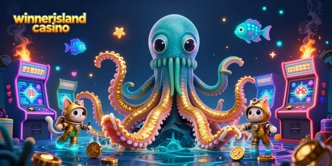 Experience the thrill at winnerislandcasino with a kraken and diving cat amidst vibrant gaming elements.