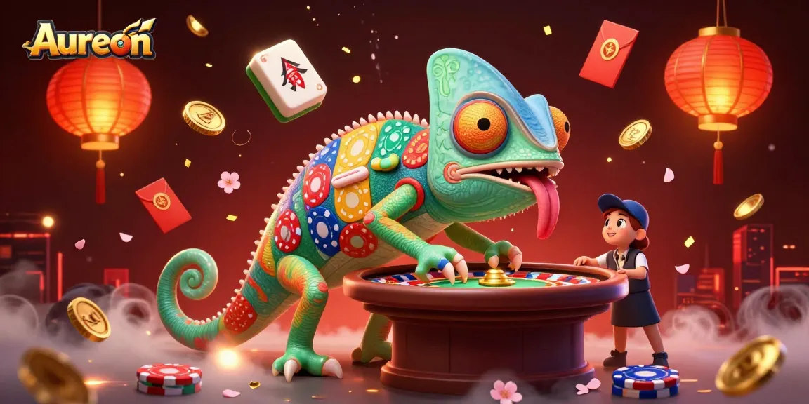 Aureon casino chameleon owner catching coins, surrounded by festive elements, and rich gaming visuals.
