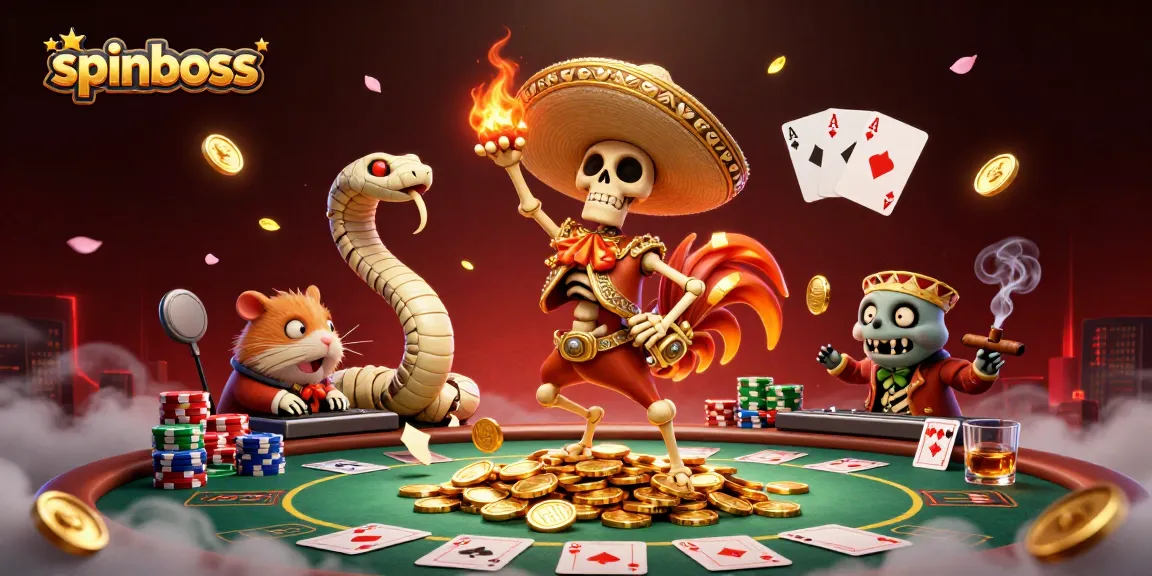 Spinboss showcases a lively 3D casino scene with cartoon characters and poker elements.